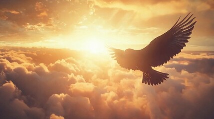 Eagle silhouetted against radiant sun amidst a sea of ethereal clouds