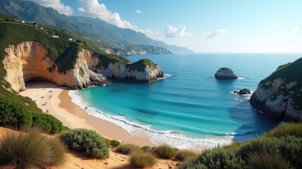 Midday panoramic view of Sa Tuna Cove in Spain, showcasing the clear blue waters and scenic coastline in full sunlight.
