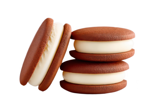A close-up image of three delicious chocolate sandwich cookies filled with creamy white filling, stacked neatly on top of each other. The cookies have a smooth texture and rich color.
