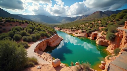 A panoramic view of Fuentona Spring in Spain at midday, with cloudy skies and tranquil water reflections.