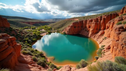 A panoramic view of Fuentona Spring in Spain at midday, with cloudy skies and tranquil water reflections.