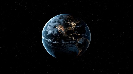 Earth at night, North and Central America visible, city lights, clouds, space.