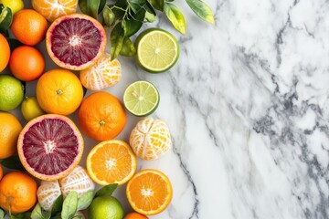 Vibrant citrus fruit arrangement kitchen table food photography natural light overhead view refreshing and healthy concept