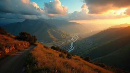 Aerial view of Aralar in Spain at dawn, with cloudy skies surrounding rugged hills and valleys.