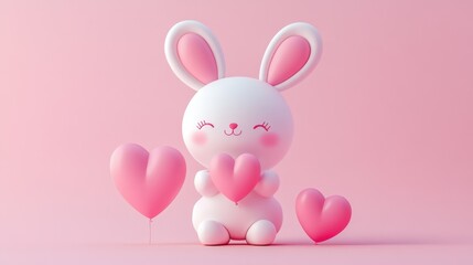 Fototapeta premium This whimsical scene features a cute bunny holding pink hearts and balloons against a soft pink background, evoking feelings of love and joy perfect for celebrations or children's decorations.