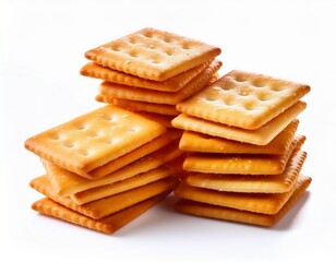 stacked pile of crispy saltine crackers isolated on white or white background