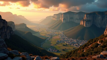 Pena Sagra captured from the sky at dawn beneath cloudy skies, with soft light over rugged mountain peaks.