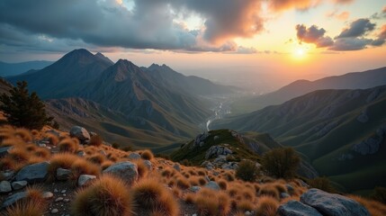 Cloudy dawn view of Sierra de Irta, Spain, captured from a panoramic perspective, showcasing the coastal cliffs and tranquil atmosphere.