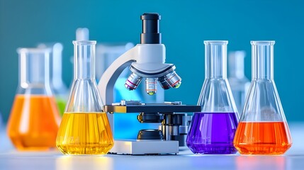 A microscope flanked by colorful Erlenmeyer flasks sits on a lab table against a teal backdrop