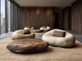 Modern interior design featuring clay textured bean bag furniture with cozy brown cushions and natural landscape view, blending comfort and minimalism in an urban setting