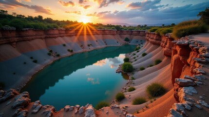 Cloudy dawn over Fuentona Spring, captured from above, showcasing the peaceful and remote natural setting.