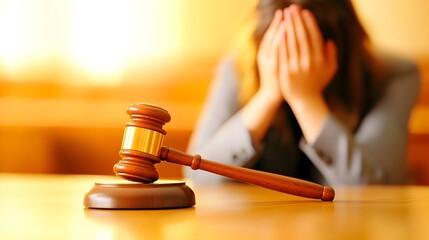 A wooden gavel rests on a table in the foreground, sharply in focus, while a distraught woman with her face covered by her hands sits blurred in the background