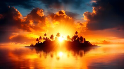 Fiery sunset over a tranquil tropical island, silhouetted against a vibrant, fiery sky, reflected in the calm ocean waters