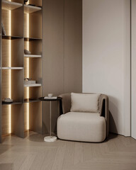 Living area with Elegant light white Arm chair, wooden side table and beautiful floor light near side table.