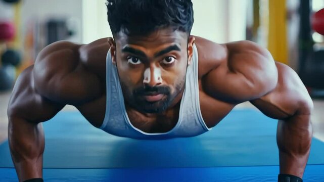 Athletic Indian man in tank top doing pushups on blue mat indoors at the gym exercising strength