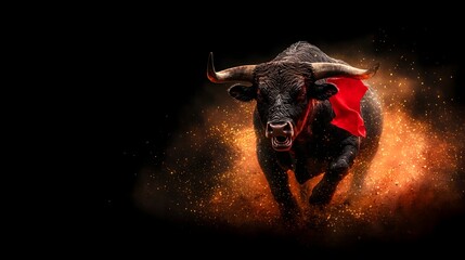 Powerful black bull charging, red cloth, dust cloud, dark background