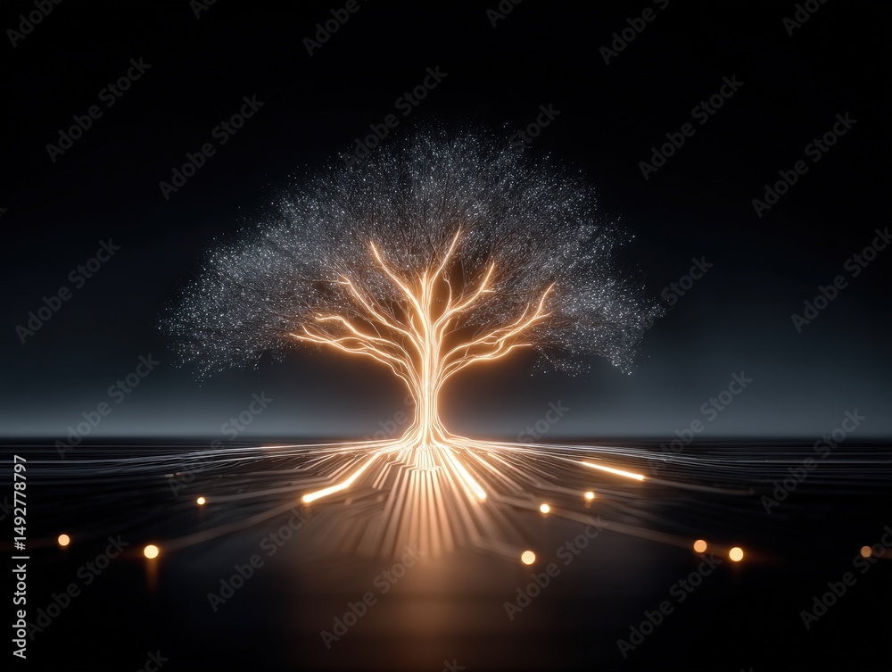 Wall mural glowing tree of intelligent decisions with branching paths and light