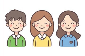 Three cartoon characters with cheerful expressions.