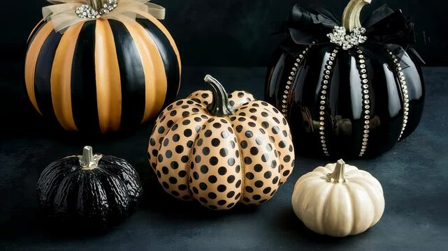 Four festive decorative pumpkins adorned for harvest holiday celebration. Stylish Fall seasonal decor for Halloween and Autumn home display concept video footage.