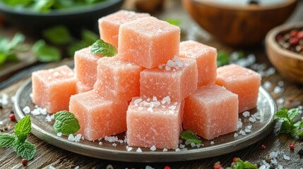 Stacked, pink, square candies, sprinkled with salt, and fresh mint garnish