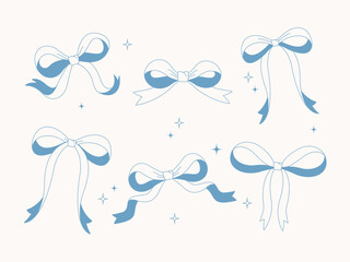 Vector set of blue bows on a light background. Six elegant decorative bows in a flat style with lines and stars. Suitable for design and packaging.








