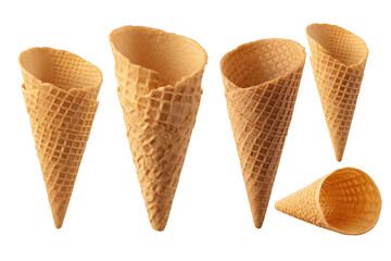 Professional studio photograph of empty waffle cones captured from different angles against a transparent background. The image showcases four pristine ice cream cones displaying their characteristic 
