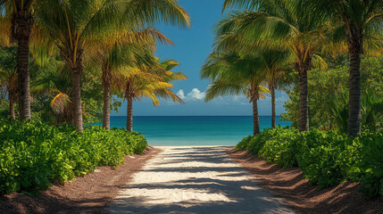Fototapeta premium Sunny day with palm trees in neat rows under vibrant blue sky, tranquil setting 