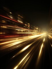 Abstract speed motion blur of city lights at night perspective view of golden streaks and blurred shapes on dark background