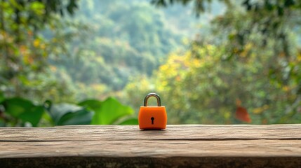 Orange padlock on wooden surface with out-of-focus greenery.