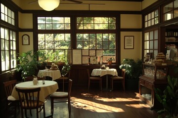 Obraz premium Cozy Cafe Interior with Warm Natural Light, Wooden Furniture, and Potted Plants, Offering an Inviting Atmosphere for Relaxation and Socializing in a Charming Setting