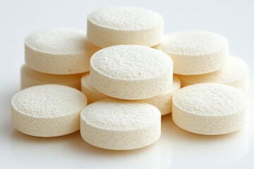 Stacked white, round pills on a white background.  Close-up view of medicine tablets