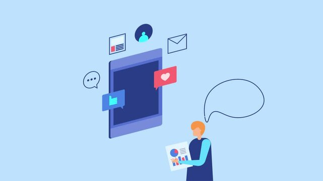 Mobile surrounded by floating marketing and like symbols in an isometric view, man thoughts forming bubble reading social media report.