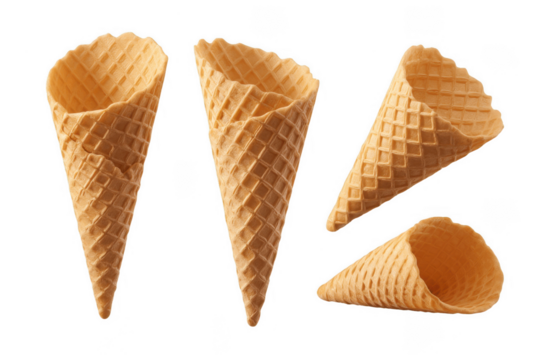 A professional studio photograph featuring multiple empty waffle ice cream cones arranged in various positions against a transparent background. The image showcases five different angles of crispy.