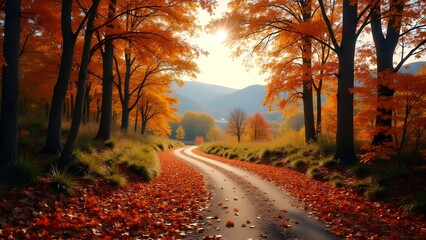 Fototapeta premium Scenic Country Road in Autumn with Vibrant Fall Colors and Foliage on a Sunny Day 