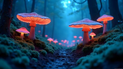 Fototapeta premium Enchanted Forest with Glowing Mushrooms at Twilight: Luminous Fungi in a Mystical Woodland