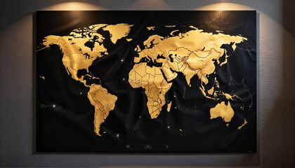 World map with gold details on black background in modern style  