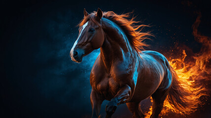 Dynamic fantasy horse with flaming mane and tail, surrounded by blue smoke and fire. Powerful and surreal digital artwork symbolizing strength and energy.