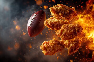 A dynamic scene featuring a football soaring through the air above crispy fried chicken wings. set against a fiery background. perfect for sports and food promotion