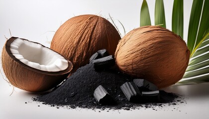 coconut husks alongside activated charcoal on a light backdrop