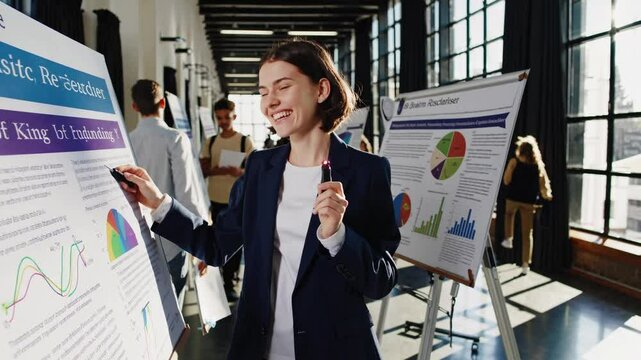 Smiling researcher presenting key findings using a laser pointer at a conference, engaging with the audience