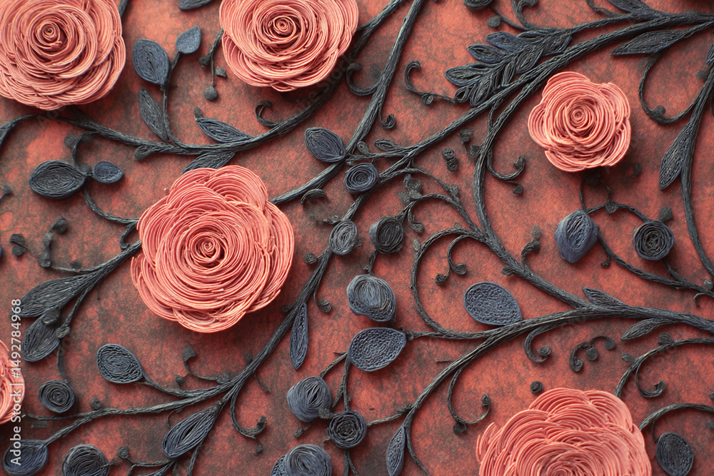 Poster intricate paper roses and dark vines create a textured floral design on a reddish-brown background, 