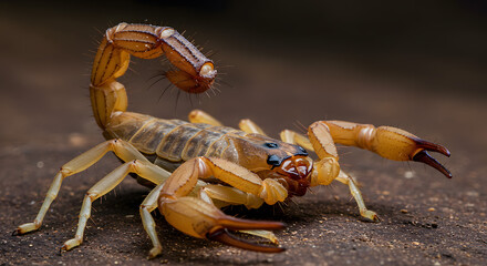 Fototapeta premium Bark Scorpion Under Close Inspection Showing Detailed Claws, Tail Arch, and Fine Body Hairs