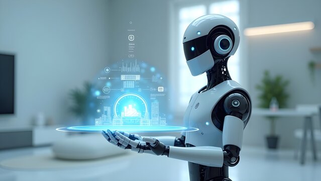 AI-Powered Robot Holding Holographic City Interface for Smart Home Technology and Urban Innovation