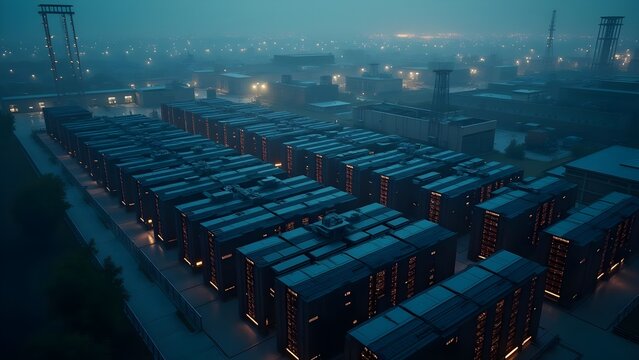 Aerial view of a vast data center at night in a misty cityscape, showcasing rows of servers, emphasizing digital infrastructure - Powered by Adobe
