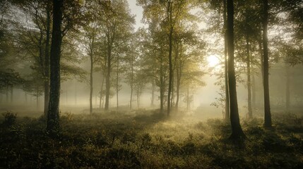 A foggy morning in a forest, with soft light piercing through the mist