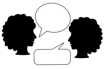 Silhouette of Two Black Women Engaged in Conversation with Speech Bubbles, Ideal for Communication, Podcast, and Social Media Concepts