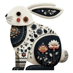Scandinavian folk art style, Decorative rabbit illustration with floral patterns in monochrome tones.