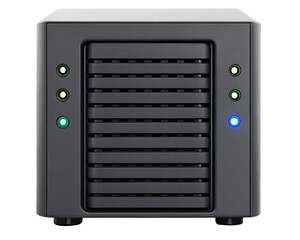 Multi-bay network-attached storage device with status lights on a transparent background