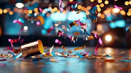 party poppers mid-explosion in slow motion, sharp fragments of confetti flying, dramatic shadows, detailed edges, industrial background with colorful overlays