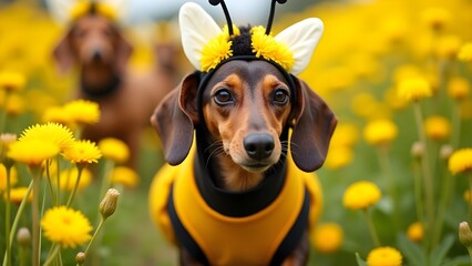 Adorable dachshund dressed as a bee among dandelions in full bloom, capturing the essence of spring joy.